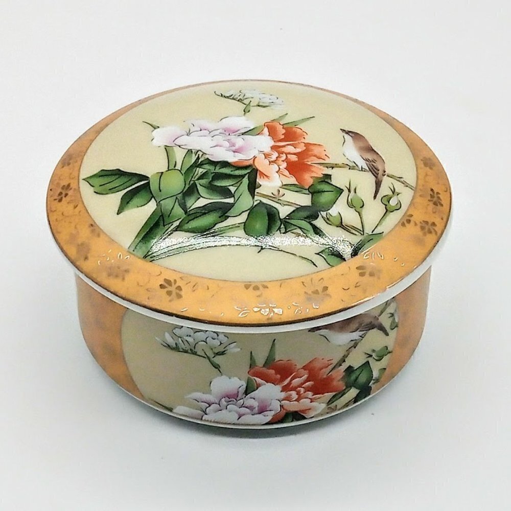 Peach Floral Bird Porcelain Round Covered Trinket Box